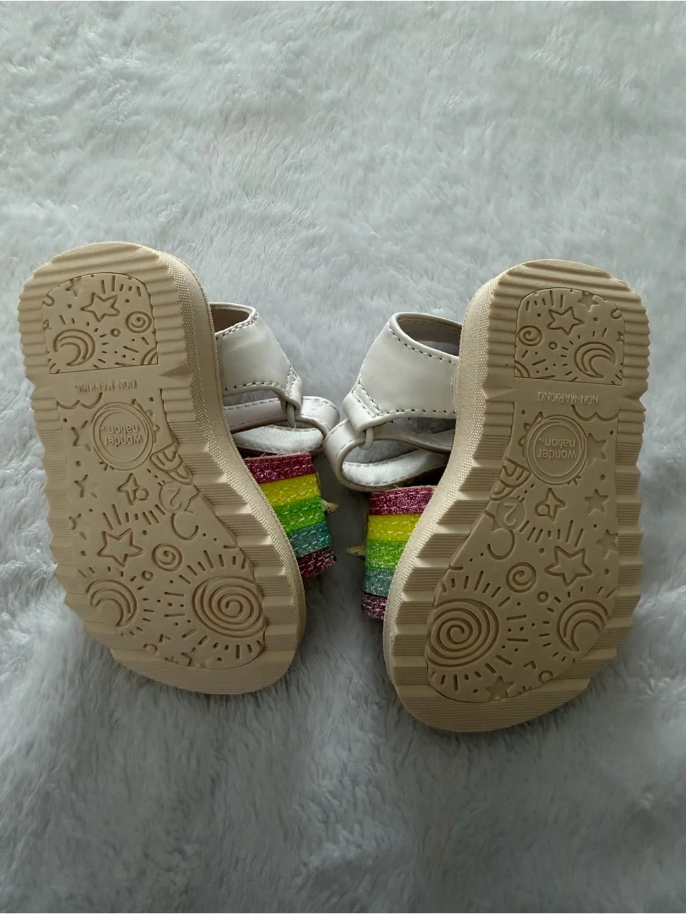 Wonder Nation White Sandals with Rainbow Glitter Straps and Star Accents